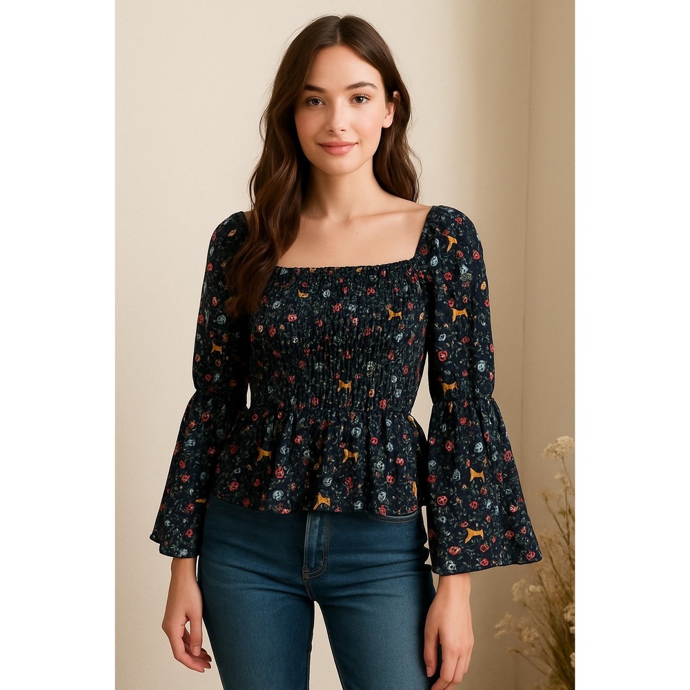 Meraki  Boho Floral L Cottagecore Animal Fairycore Romantic Smocked NWT Top